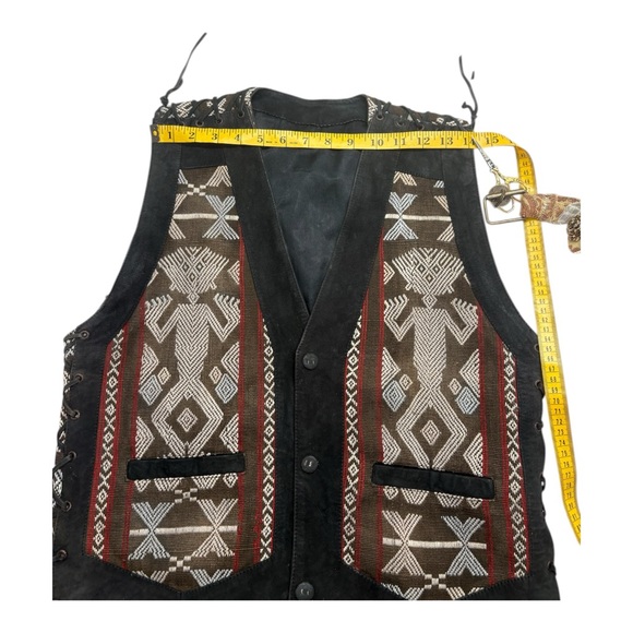 70s Vintage Leather & Southwestern Woven Festival Vest Lace-Up Sides - Picture 12 of 14